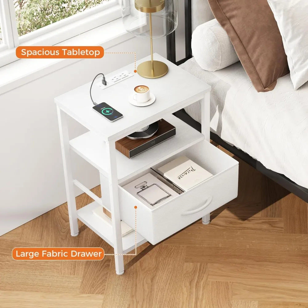 NBVCX Compact Nightstand With Charging Station And Adjustable Drawer