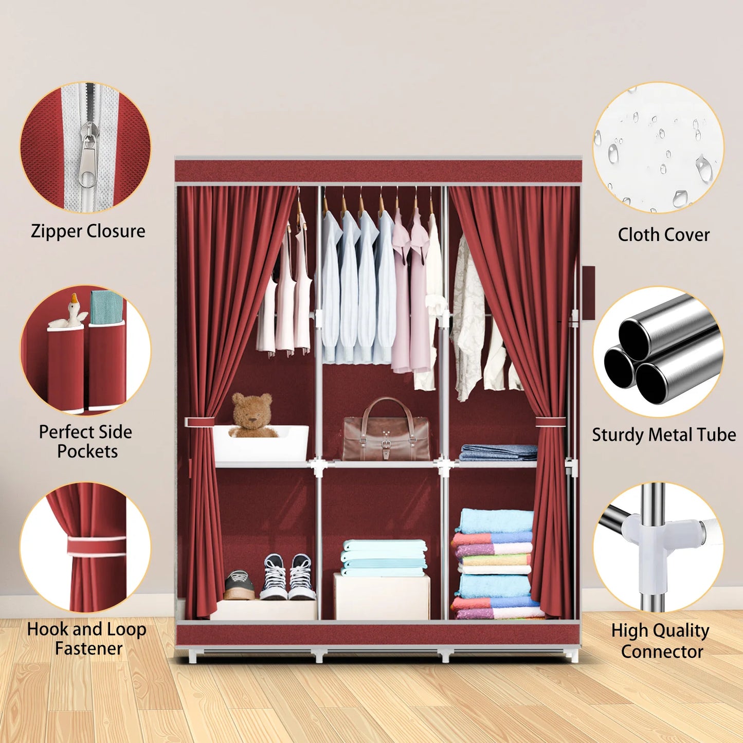 Portable Closet Wardrobe With Metal Frame And Nonwoven Fabric Cover