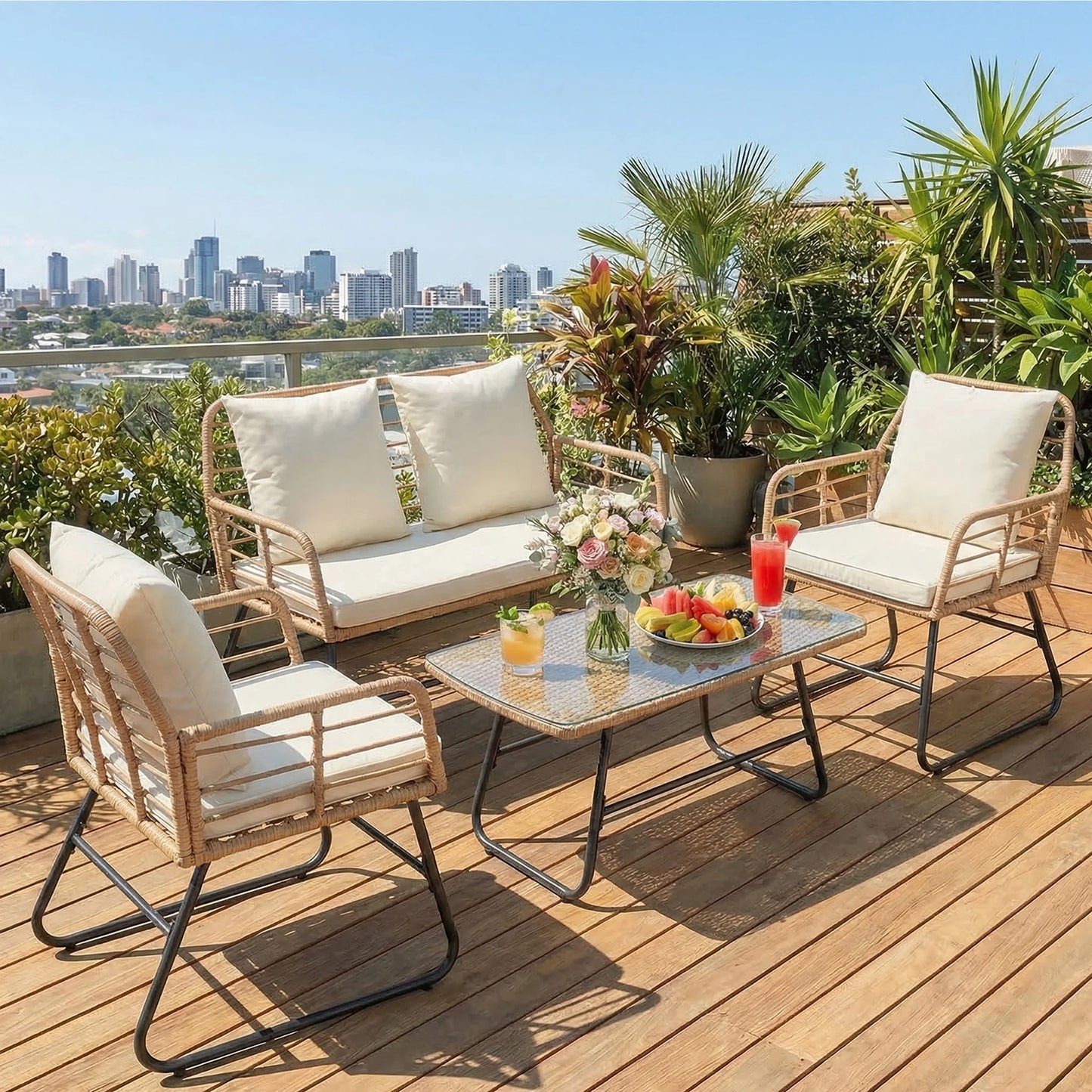 JHK Outdoor Wicker Patio Furniture Set With Glass Table