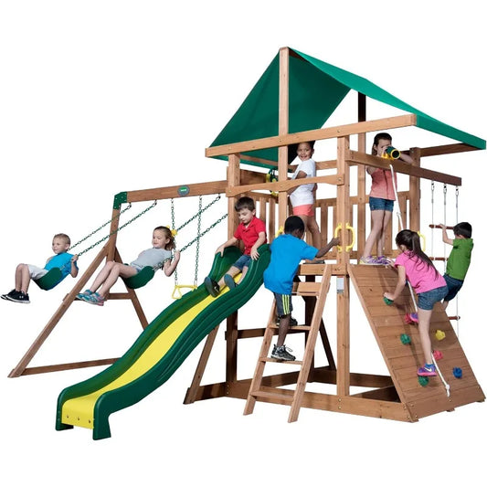 Mount Mckinley Cedar Swing Set With Wave Slide And Rock Wall