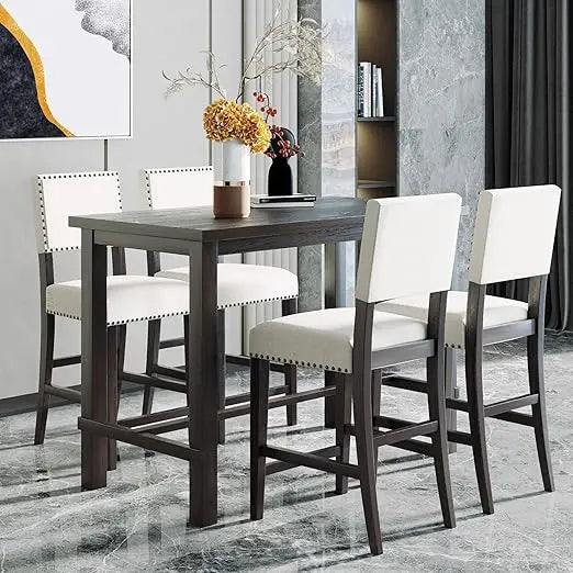 5 Piece Counter Height Dining Set For Four Cushioned Chairs