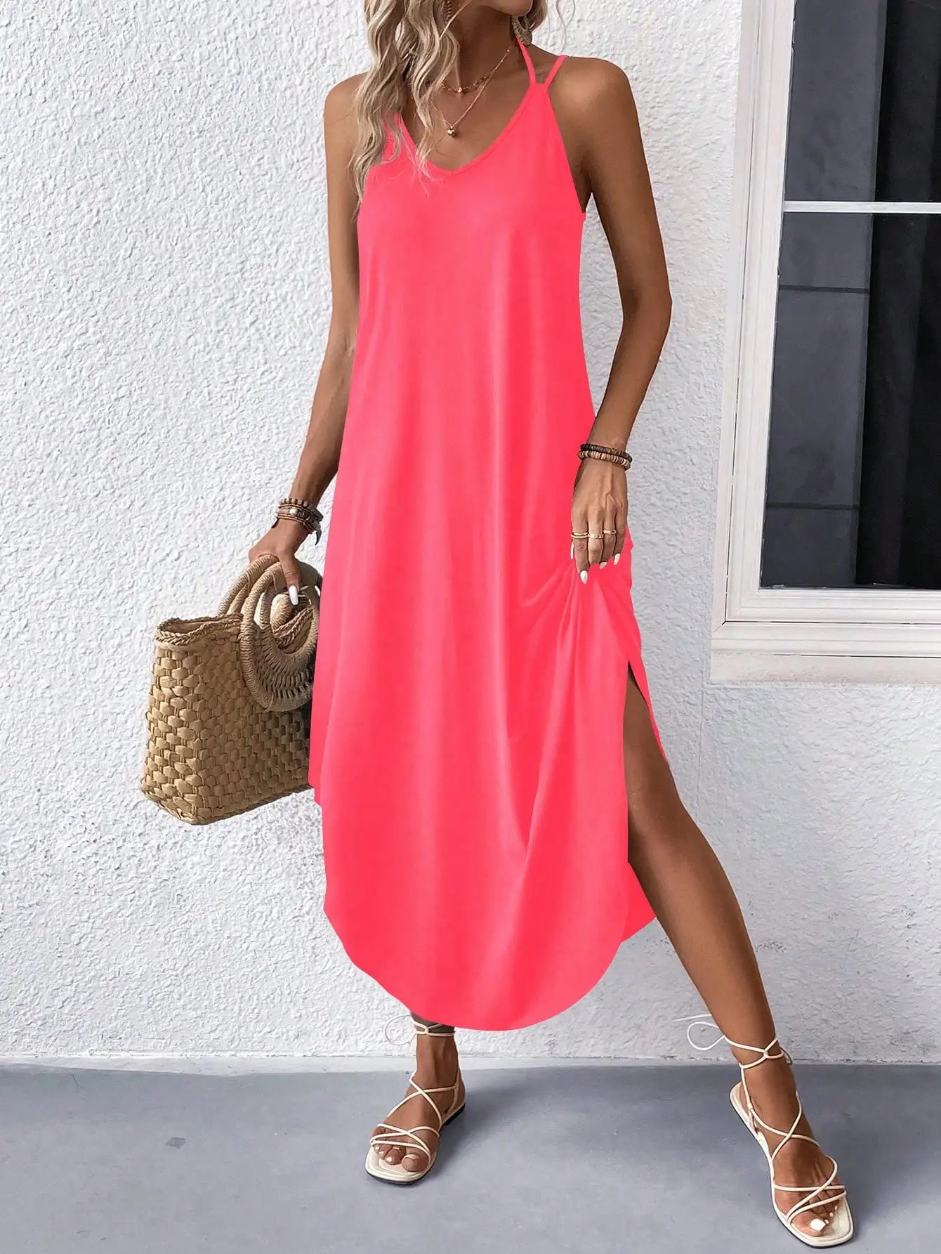 Sleeveless V Neck Maxi Dress With Side Slit Flowy Fit Casual Summer
