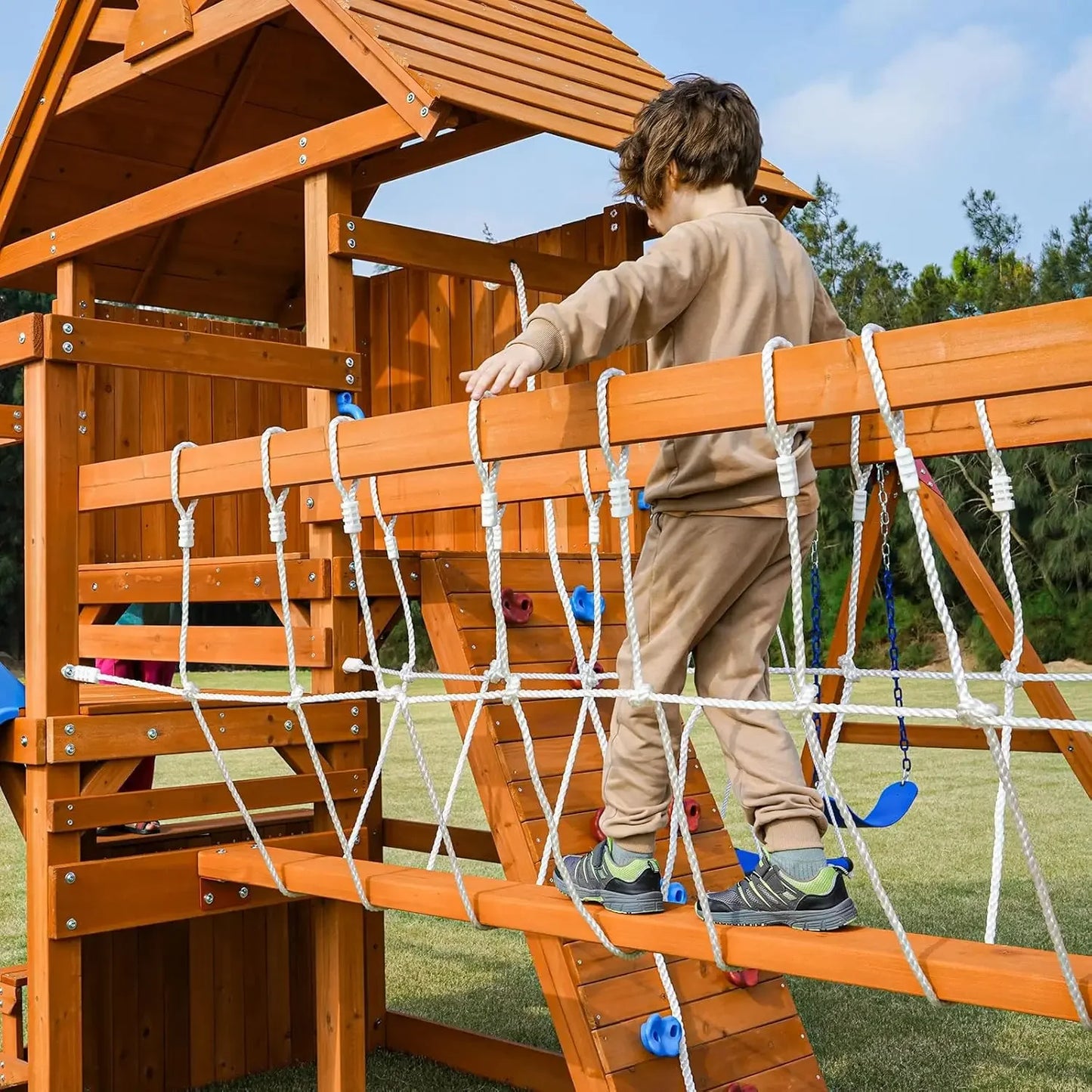 Swing Sets for Backyard With Plank Bridge and Monkey Bar