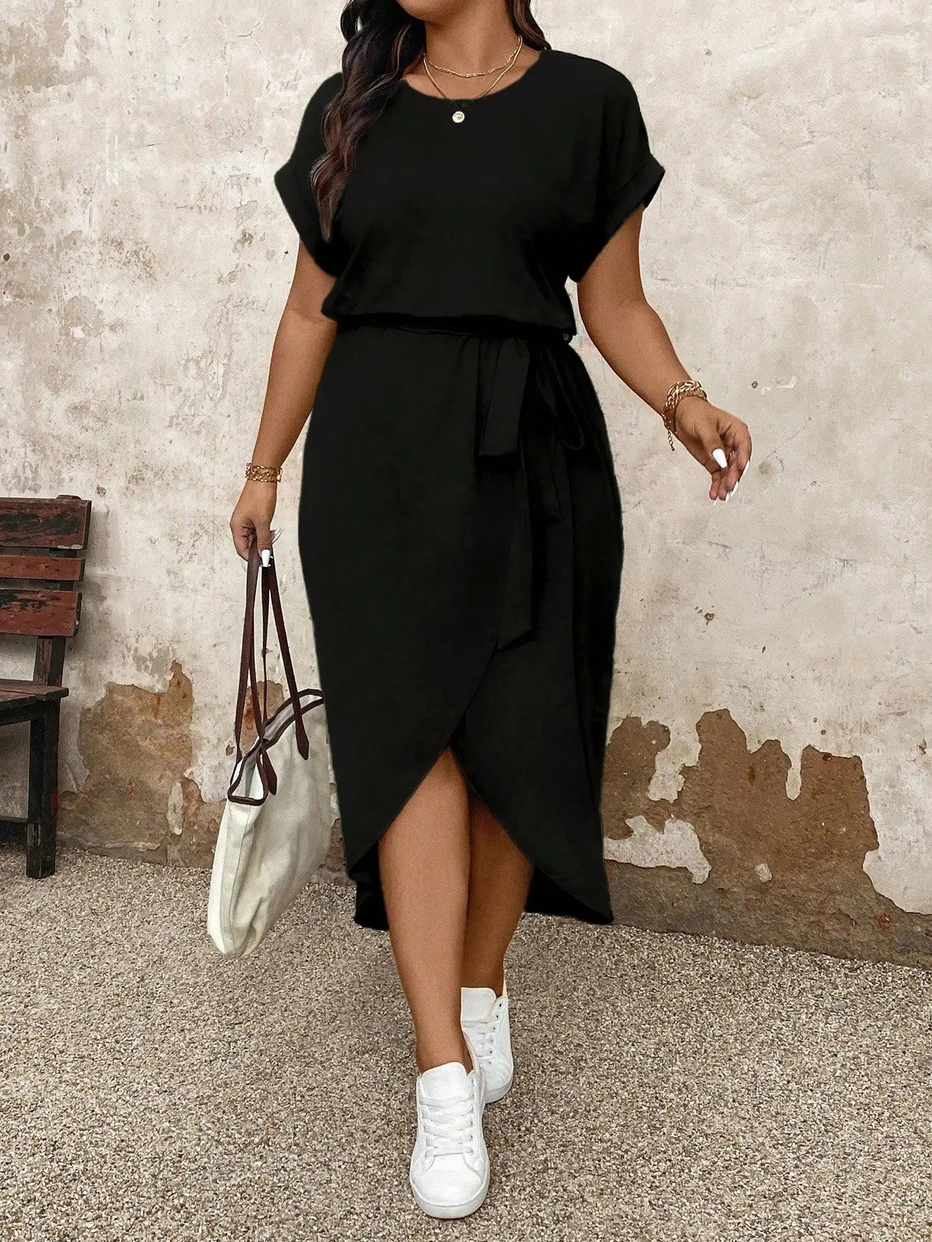 Casual Round Neck Batwing Sleeve Asymmetrical Hem Midi Dress
