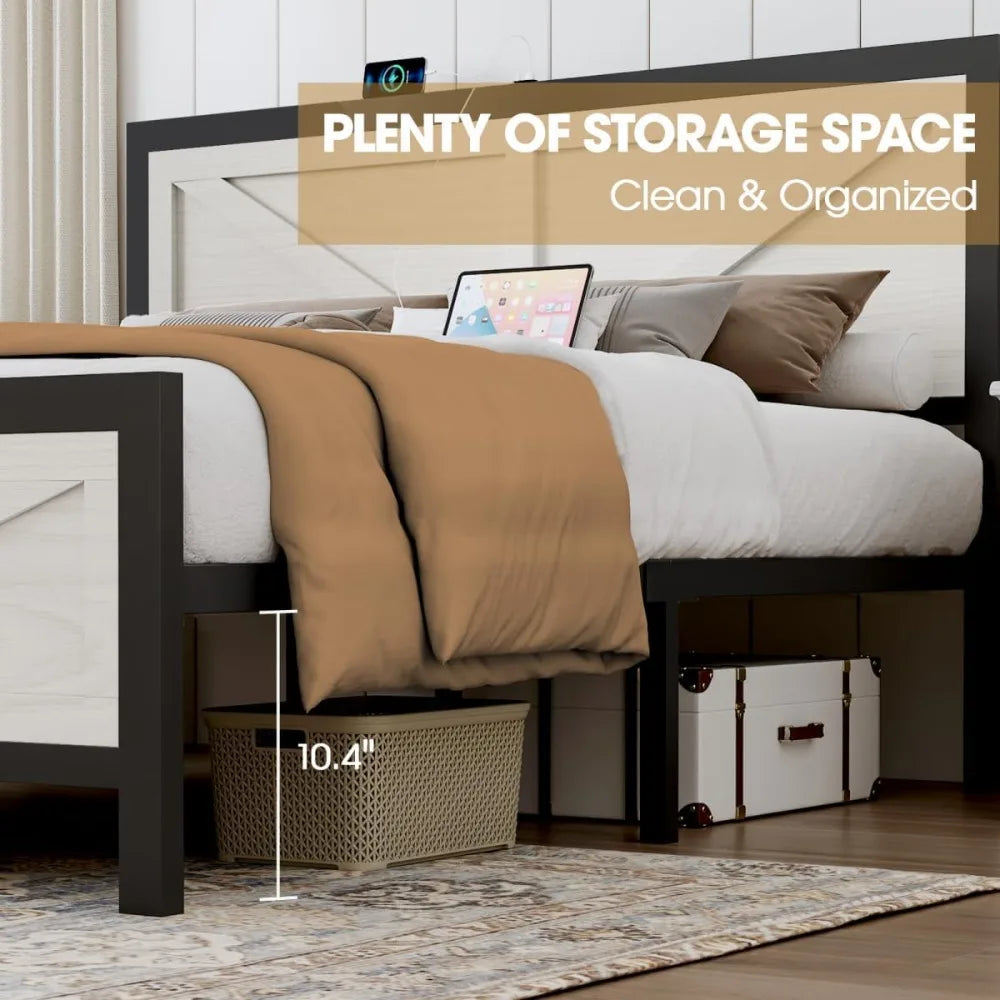 MKDK Bed Frame With Barn Door Headboard LED Lighting