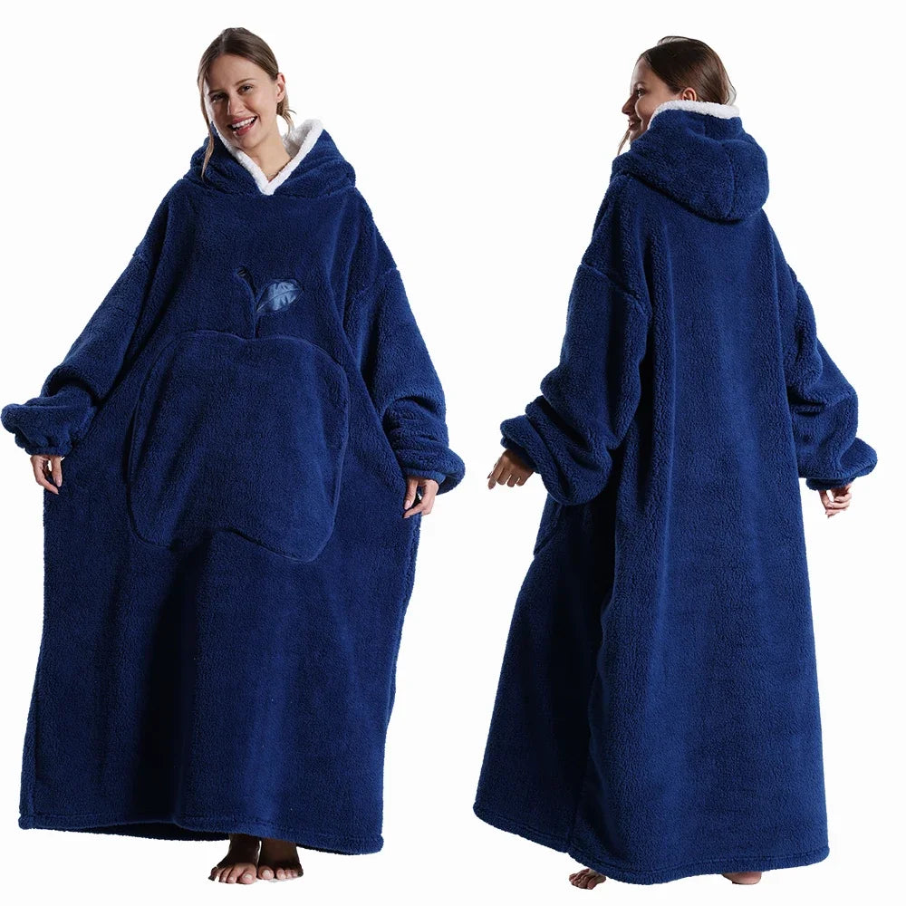 Polar Fleece Wearable Hooded Blanket With Sleeves For Adults