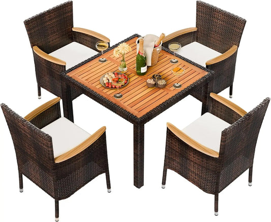 Patio Dining Set With Wicker Chairs And Wood Table