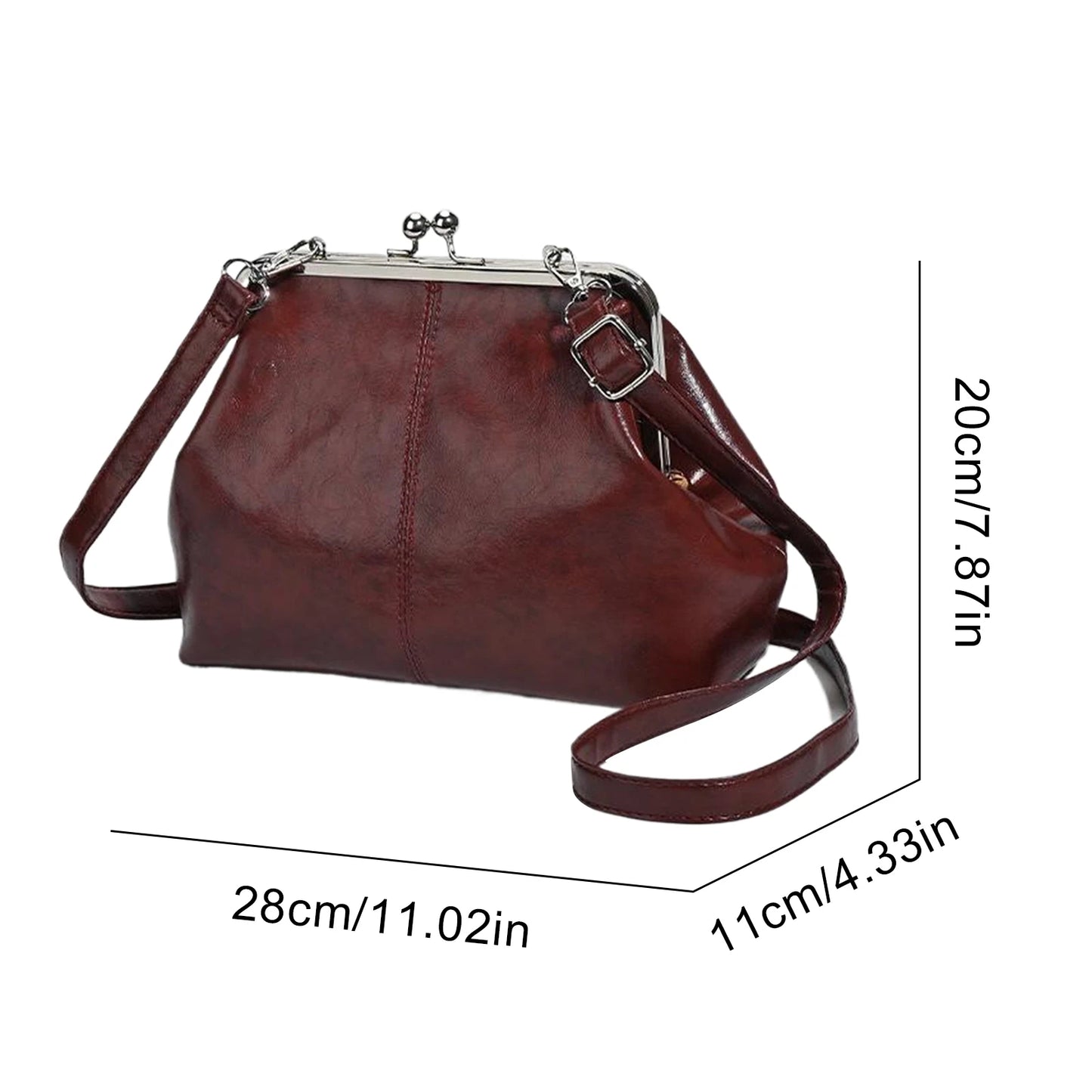 PU Leather Shoulder Bag For Women Adjustable Strap Kiss Lock