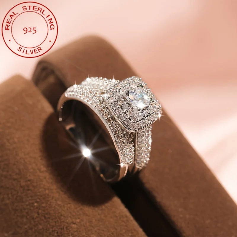 WPOOCC Womens Elegant Zircon Engagement Ring Set 925 Silver Plated