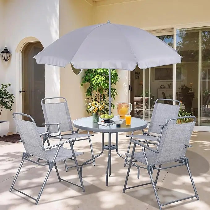 Six Piece Folding Patio Dining Set With Outdoor Umbrella