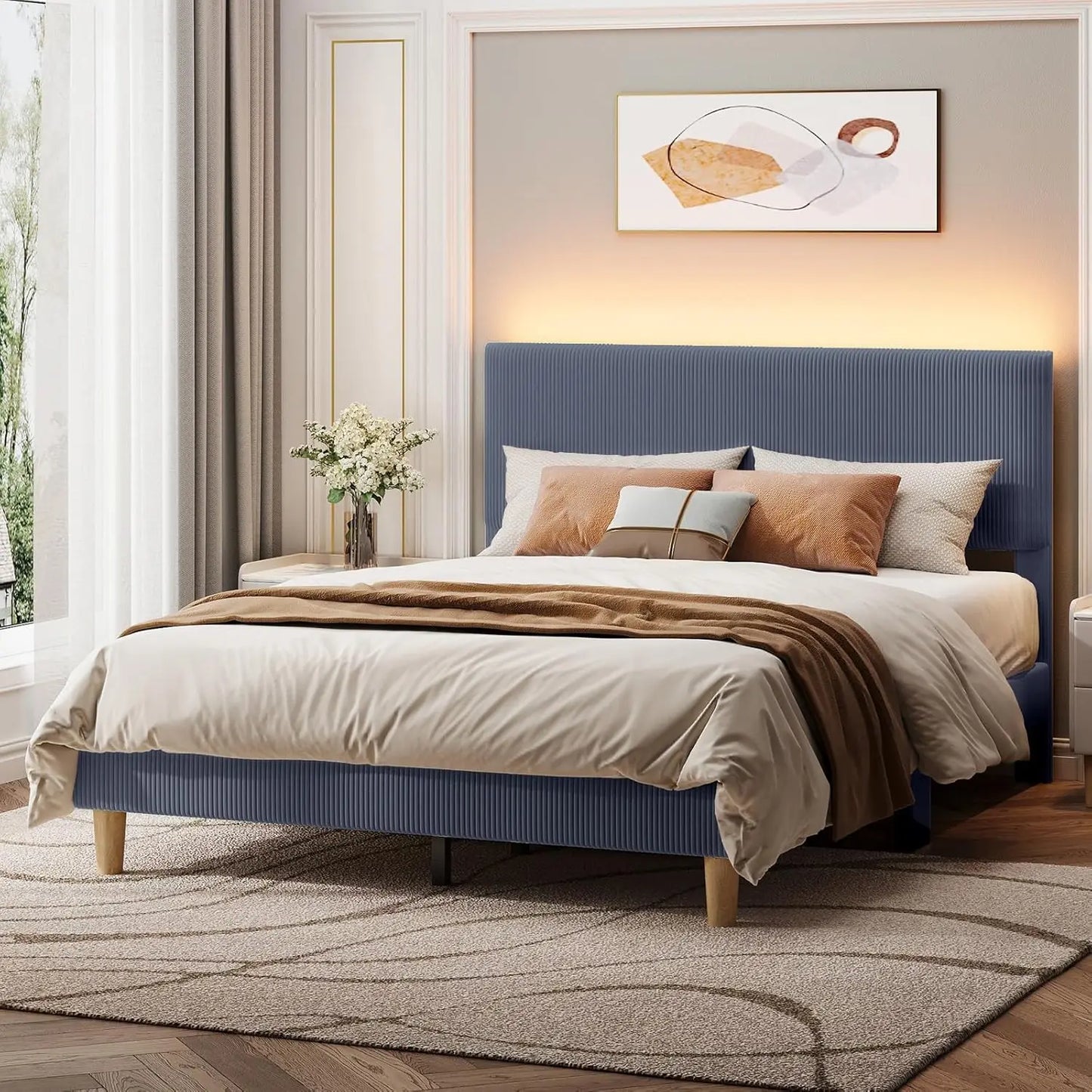 Platform Bed Frame With LED Headboard And Wooden Slats
