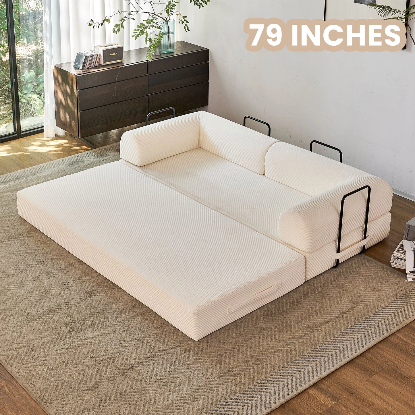 Foldable Convertible Futon Sofa Bed With L-Shaped Armrests Living Room