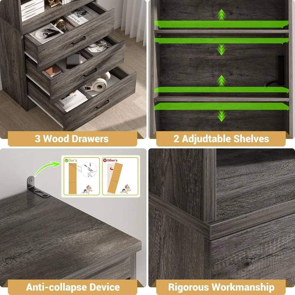 Bookshelf With USB Ports And Outlets, Three Drawer Cabinet And Shelves