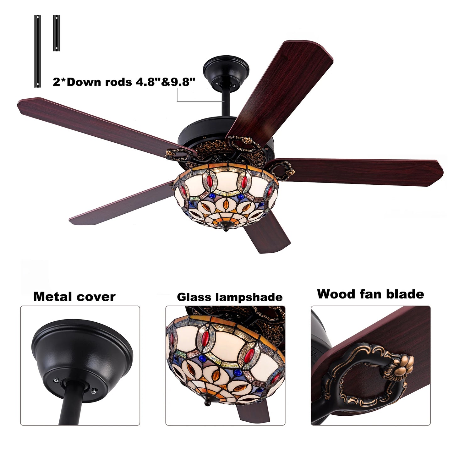 Bymaocar Elegant Tiffany Wooden Ceiling Fan With Three Lights And Remote Control