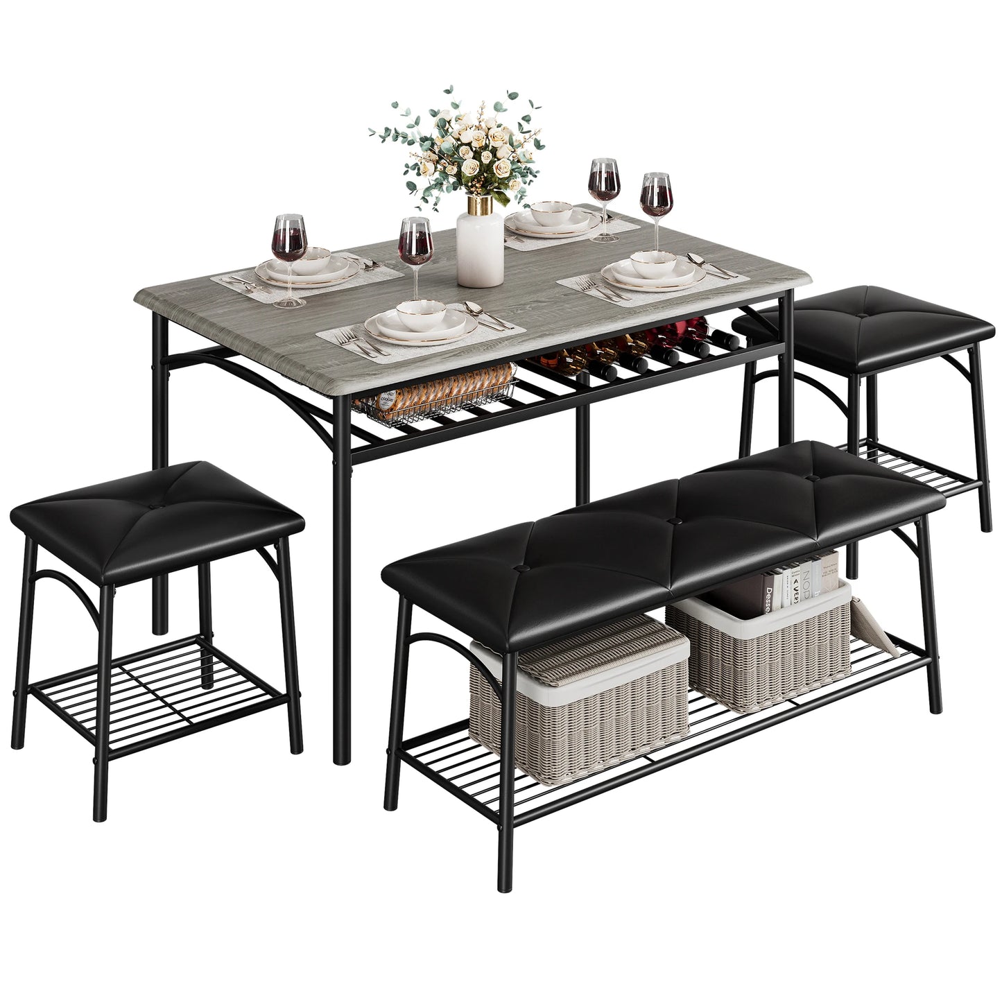 HobbyLane Dining Table Set For 4 With Upholstered Bench Stools