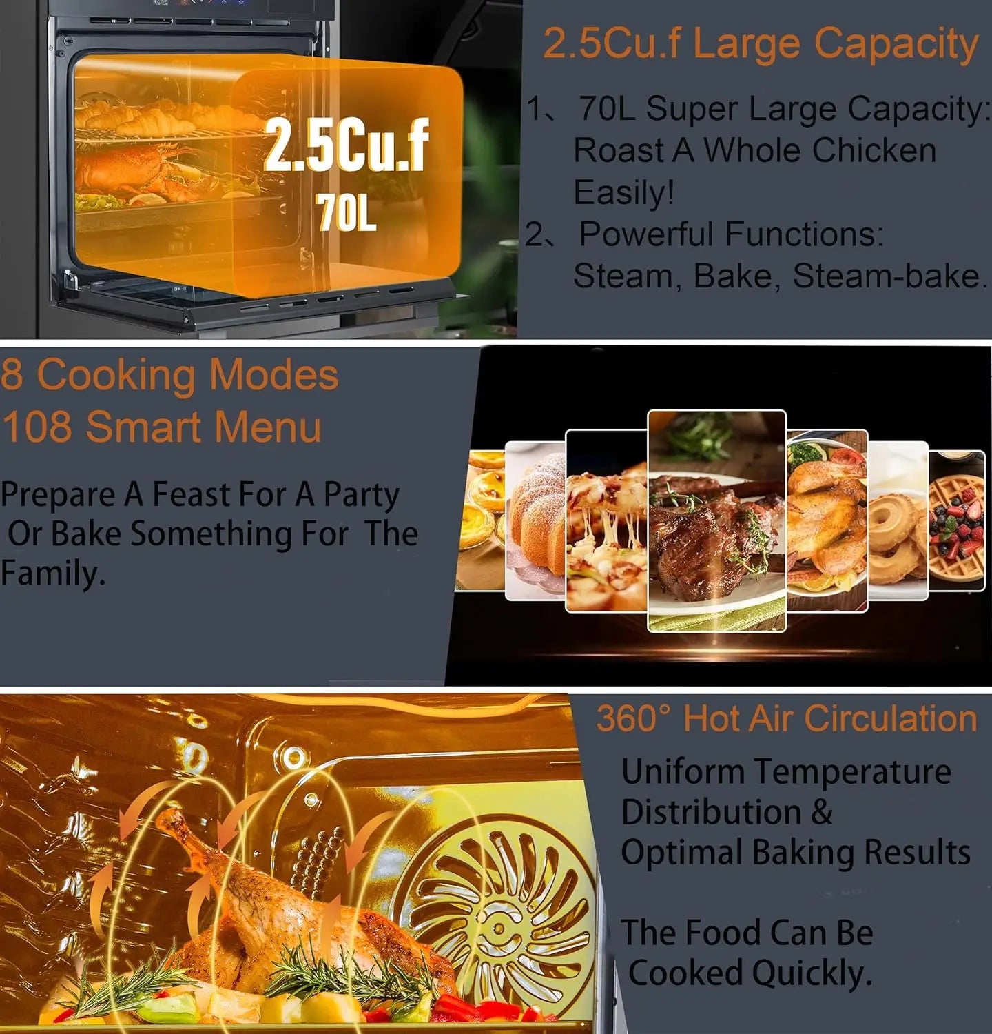 Acekool Built-In Electric Oven 70L Capacity 3000W View Window 8 Functions