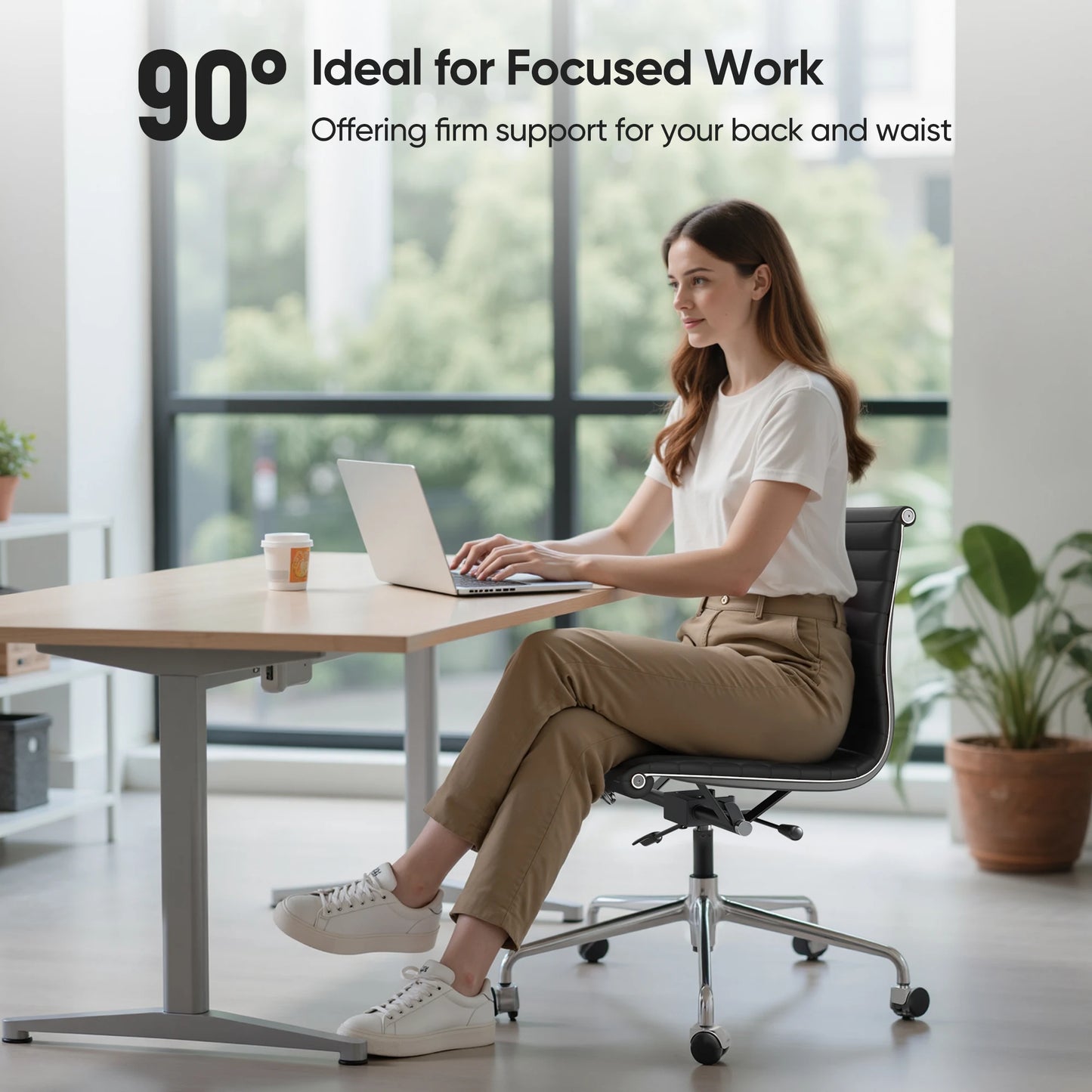 Furgle Modern Low Back Ribbed Armless Executive Swivel Office Chair With Top Grain Leather