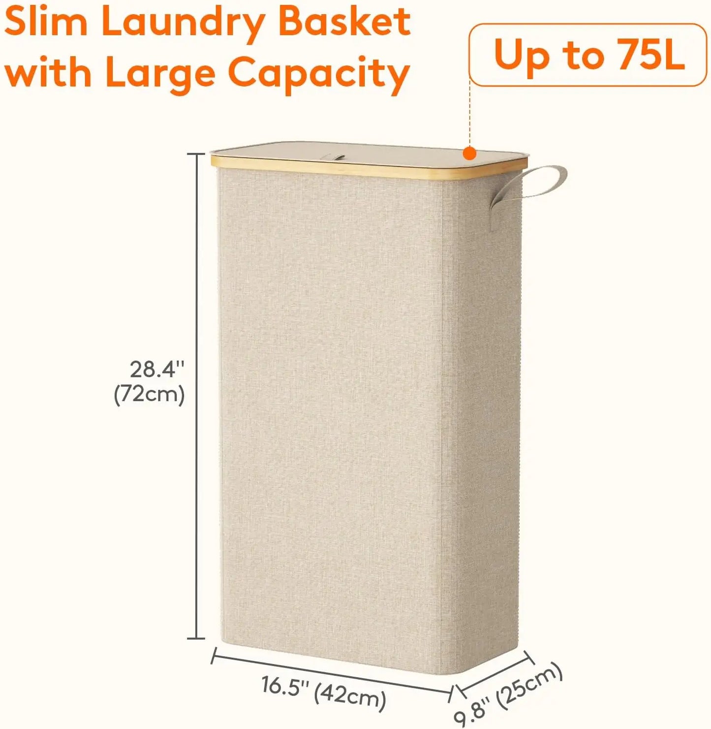 Slim Laundry Hamper With Lid Removable Bag Bamboo Handles Foldable