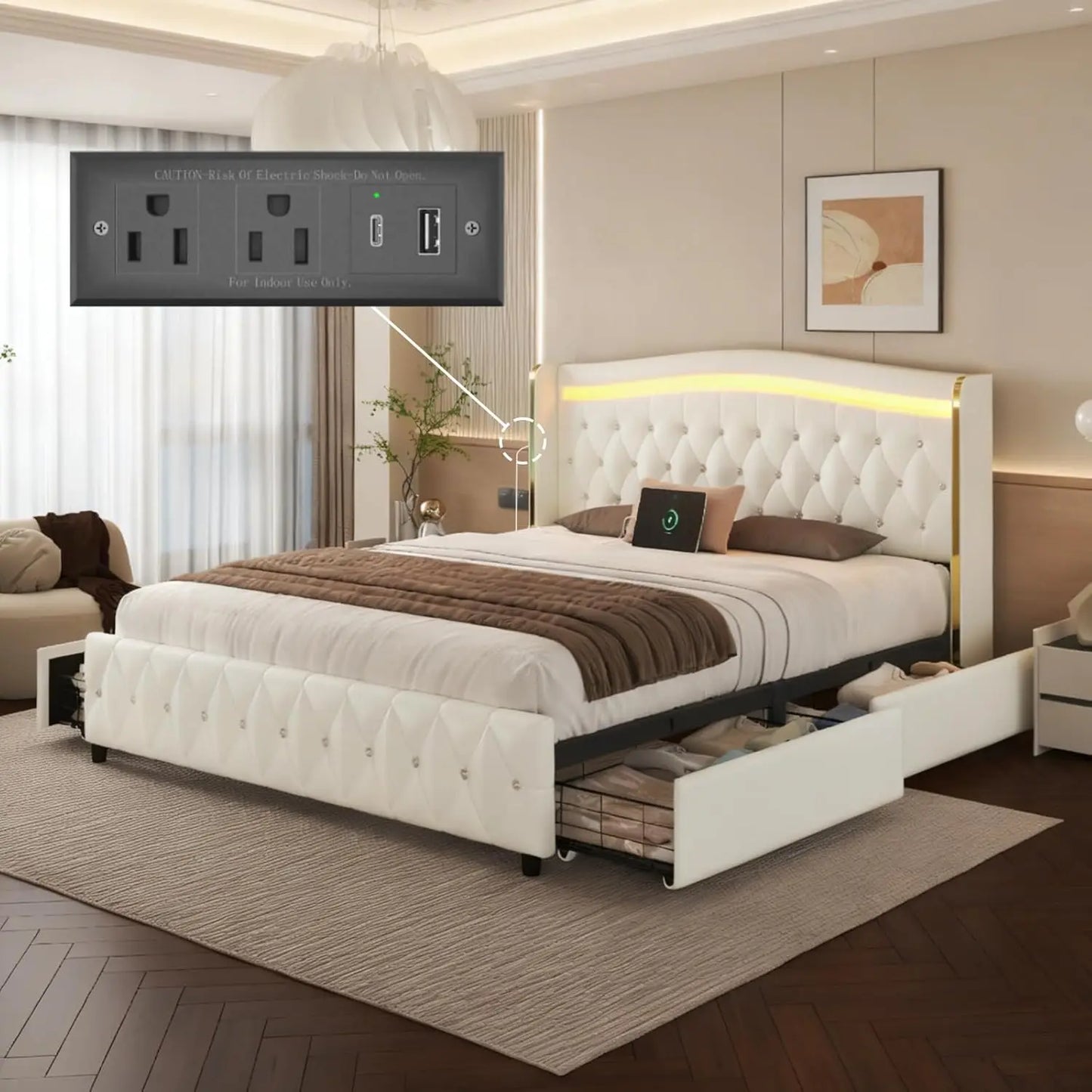 Wingback Upholstered Platform Bed With RGB LED Lights And Storage