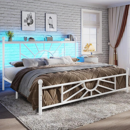 Angduo Metal Bed Frame With LED Headboard And Bed Storage