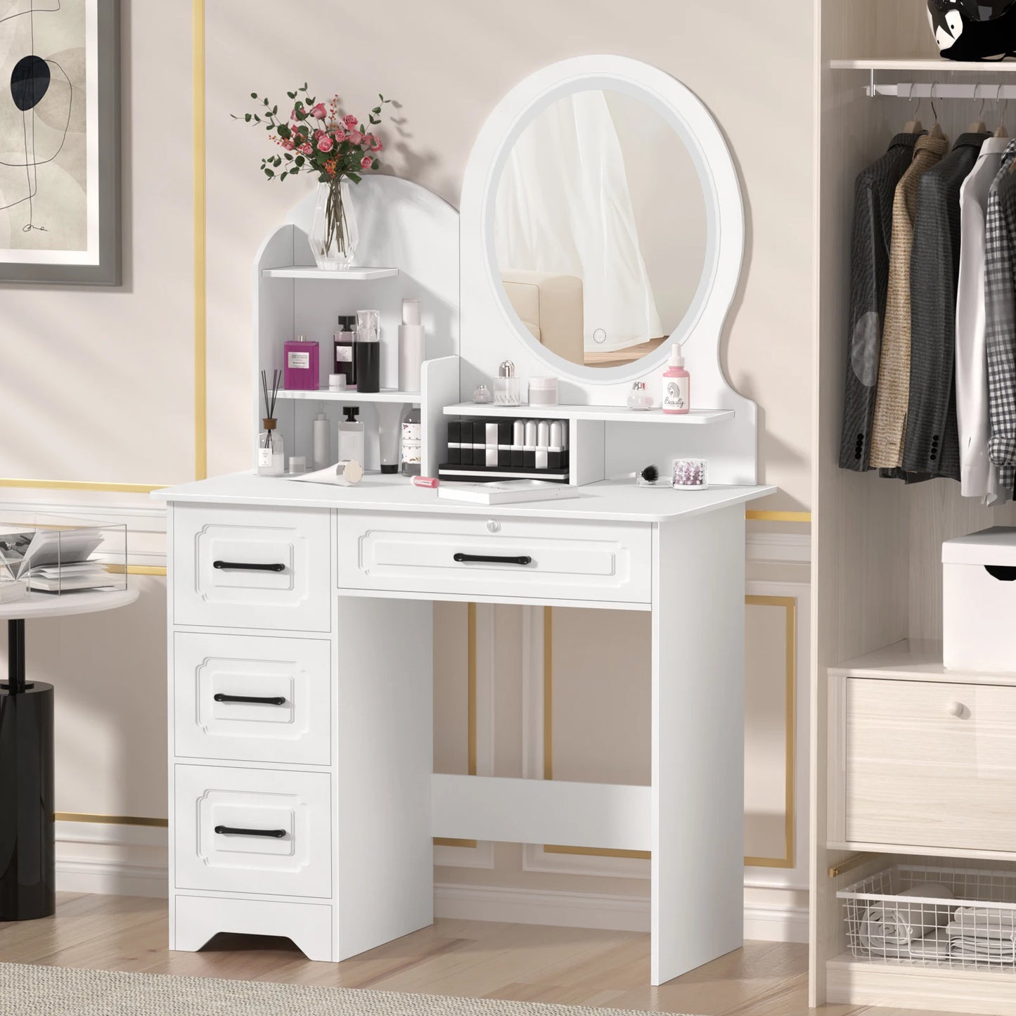Modern Makeup Vanity Table With Mirror And Lights And Storage