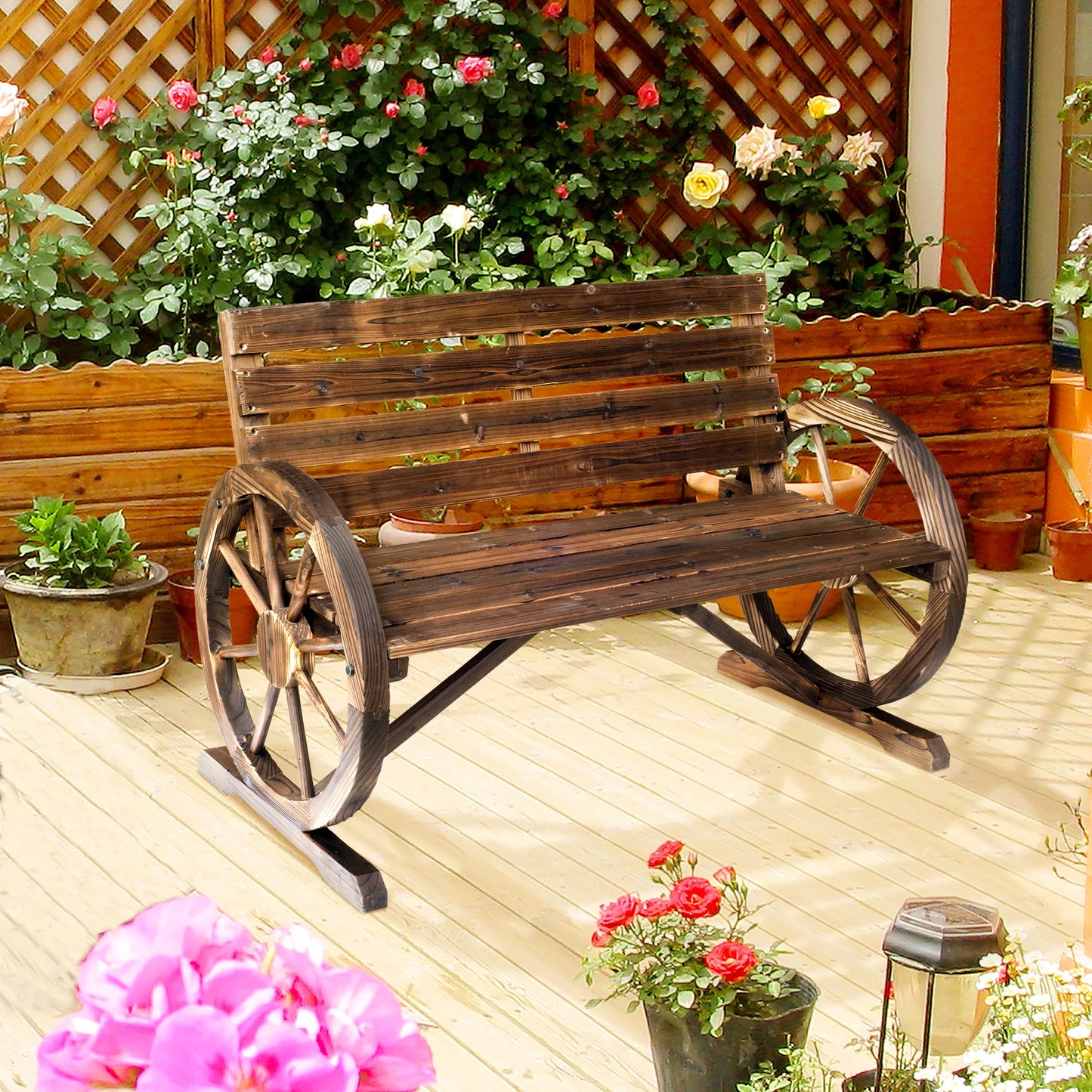 Outsunny Wagon Wheel Bench Outdoor Garden Chair Loveseat