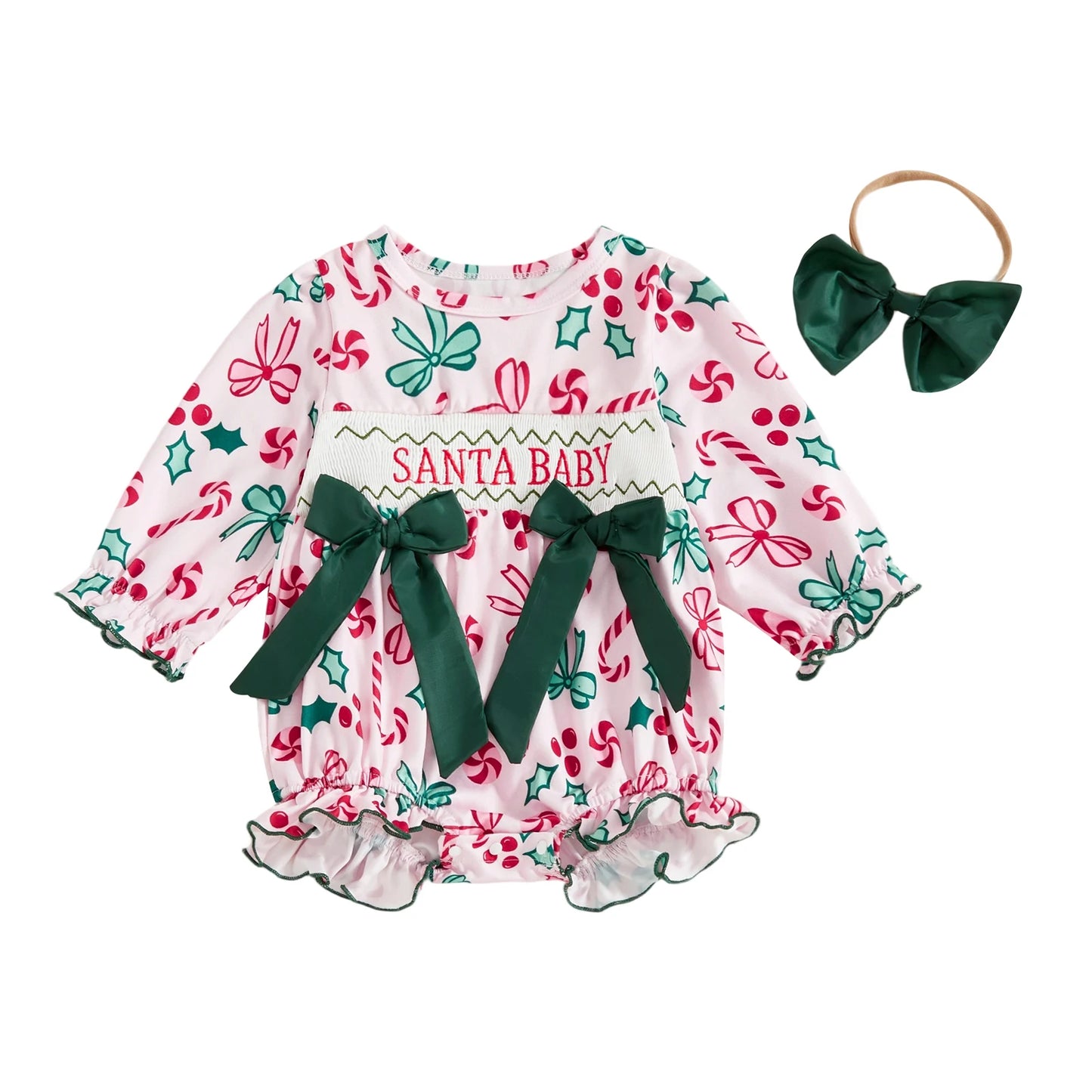 Infant Girl 3 Piece Winter Bodysuit Pants Headband Set