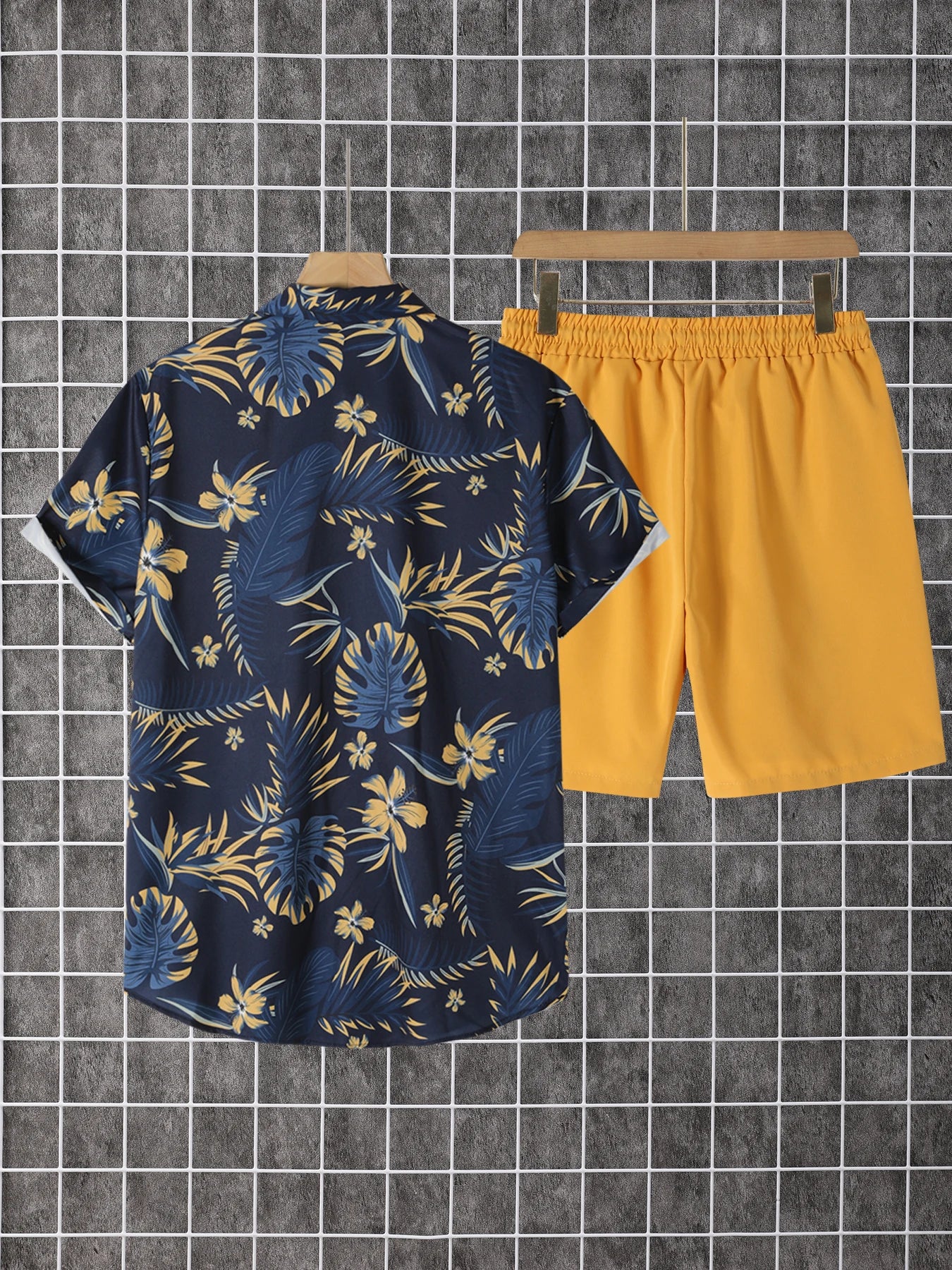 NONECN Men's Summer 2 Piece Printed Shirt And Shorts Set