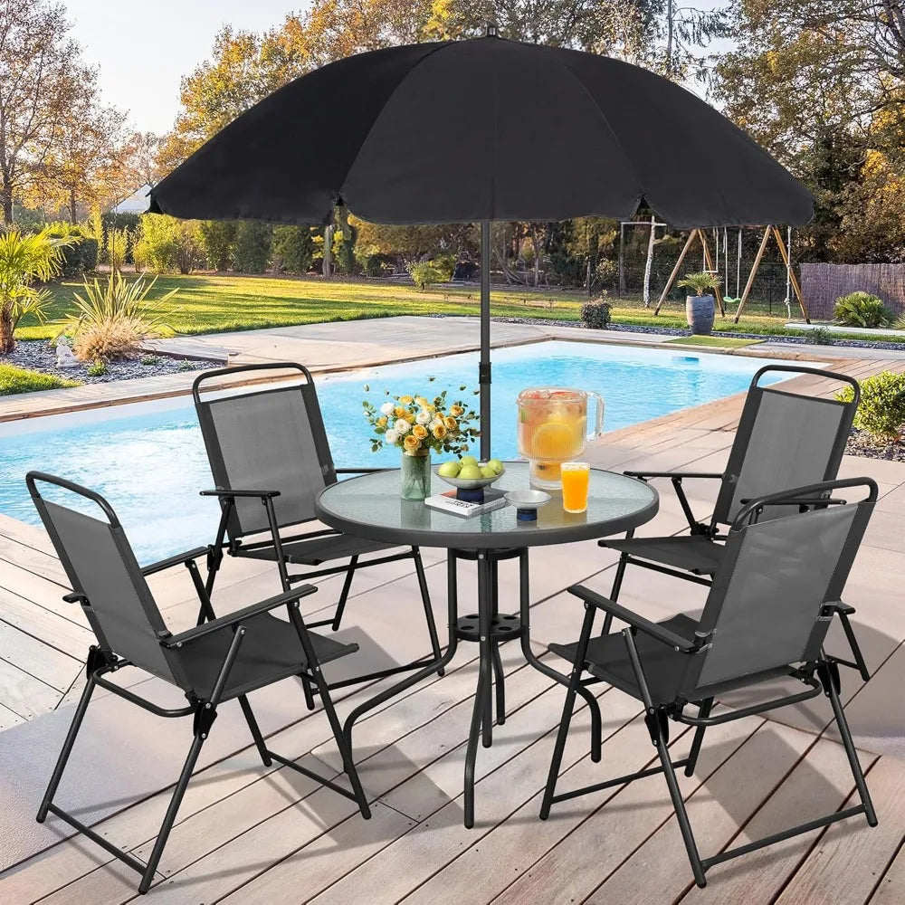 Six Piece Folding Patio Dining Set With Outdoor Umbrella