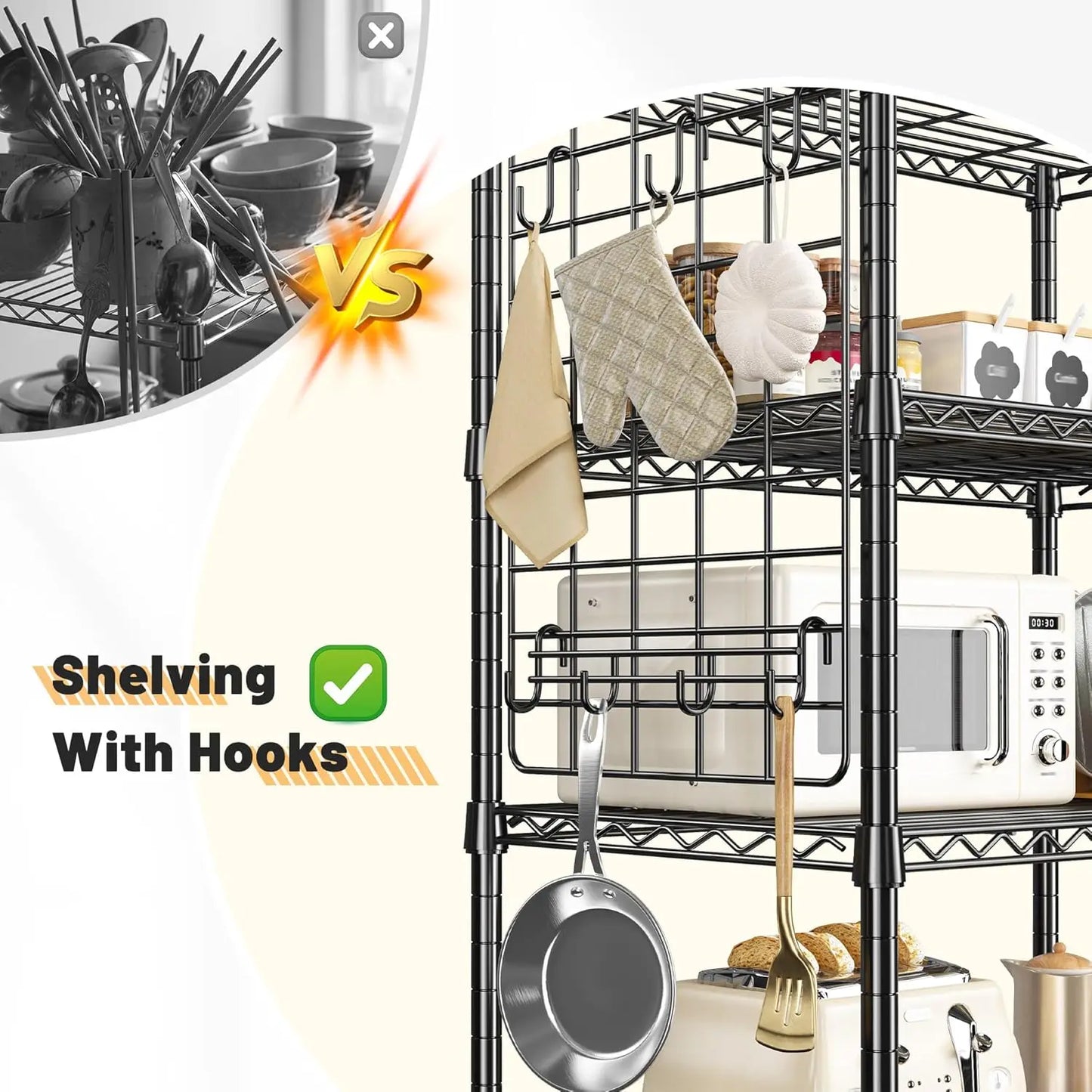 Five Tier Metal Shelving Unit With Side Hanging Net Hooks Adjustable