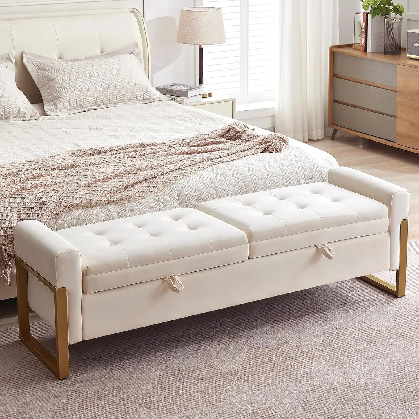 Bed End Storage Bench With Velvet Upholstery And Metal Legs