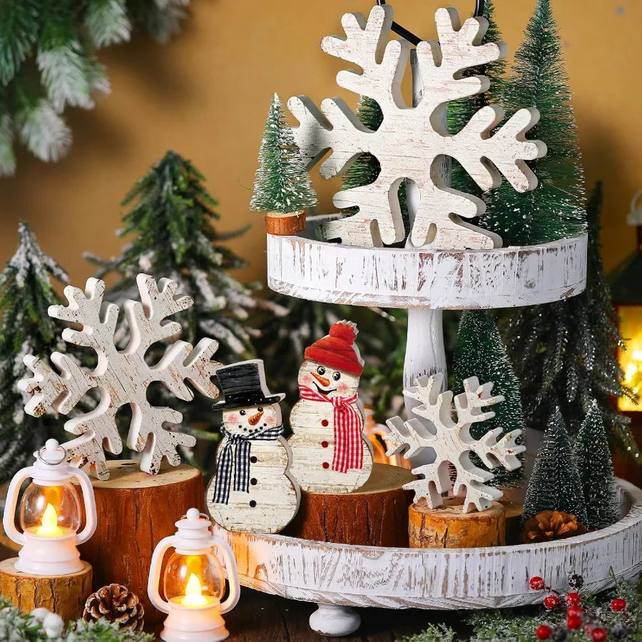 Winter Christmas Wooden Snowflake Decor Set Snowflake Wood Blocks