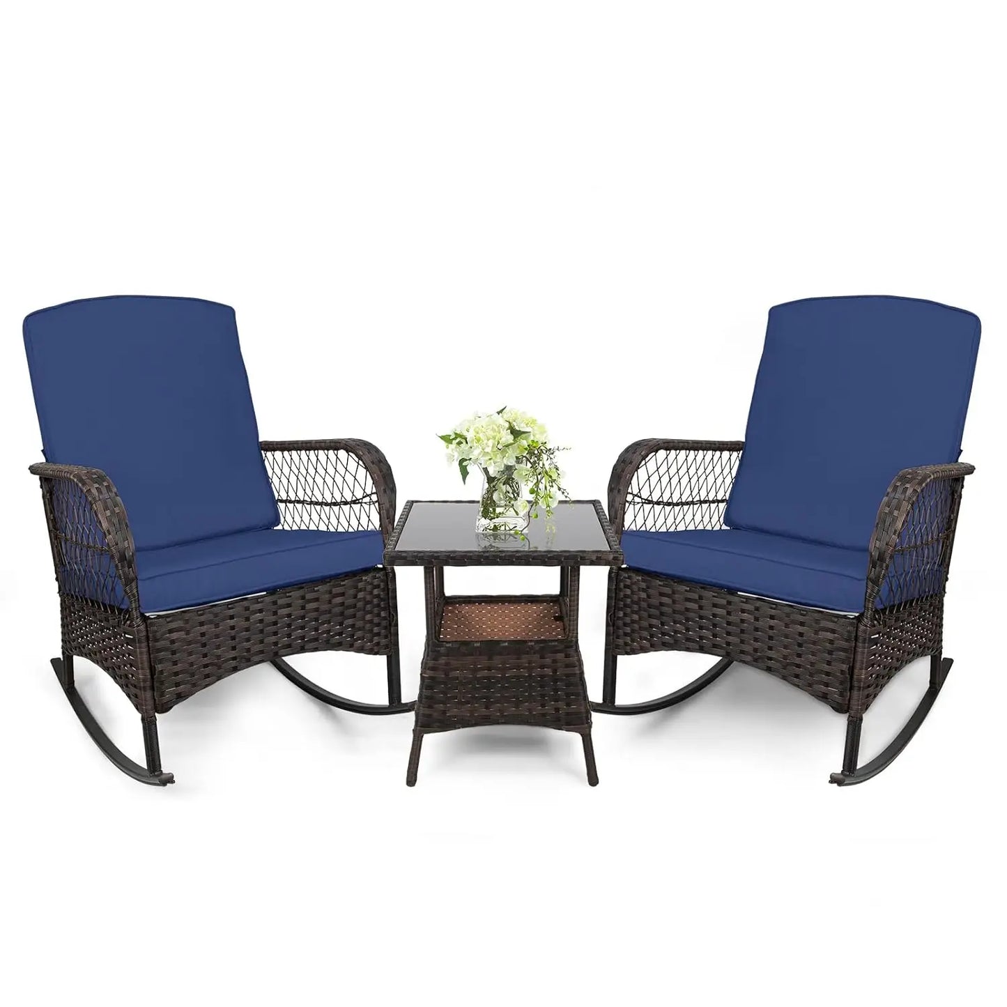 Outdoor Rocking Bistro Set With Glass Table PE Wicker 3-Piece
