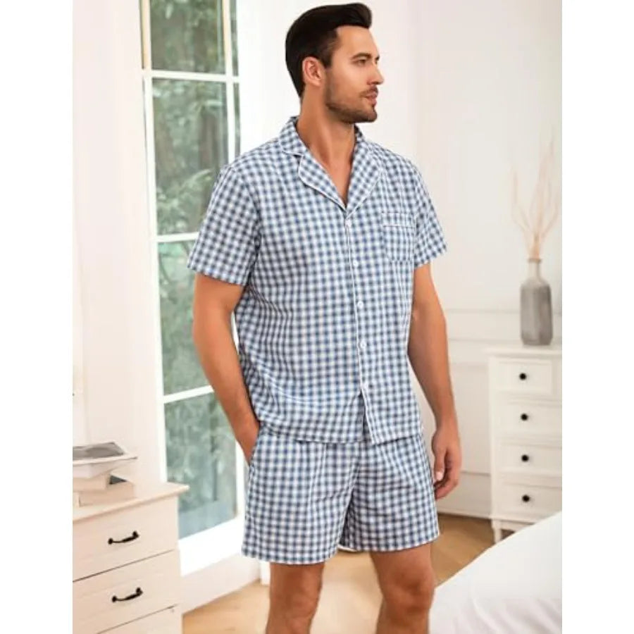 Marvmys Men's 100 Percent Plaid Pajama Set Sleepwear Short Sleeve