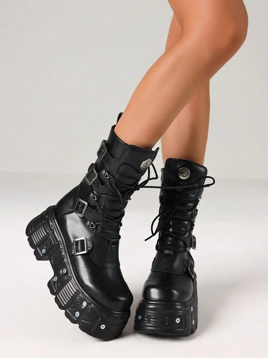 Gothic Womens Combat Boots With Chunky Heels Zip Buckle