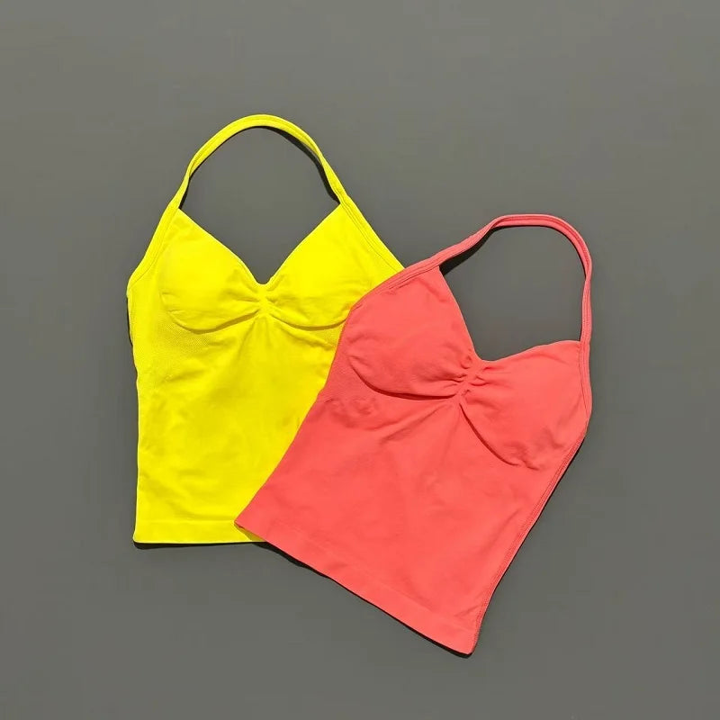 Women Gym Halter Top Longline Strappy Yoga Tank Removable Cups