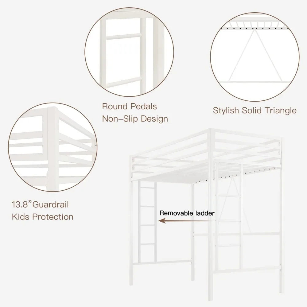 HUANZHUANG Metal Loft Bed With Safety Guardrail And Ladder