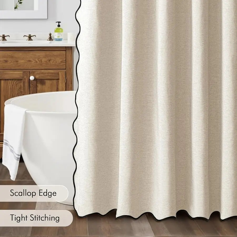 Guangdong Linen Scalloped Shower Curtain With Metal Hooks Waterproof