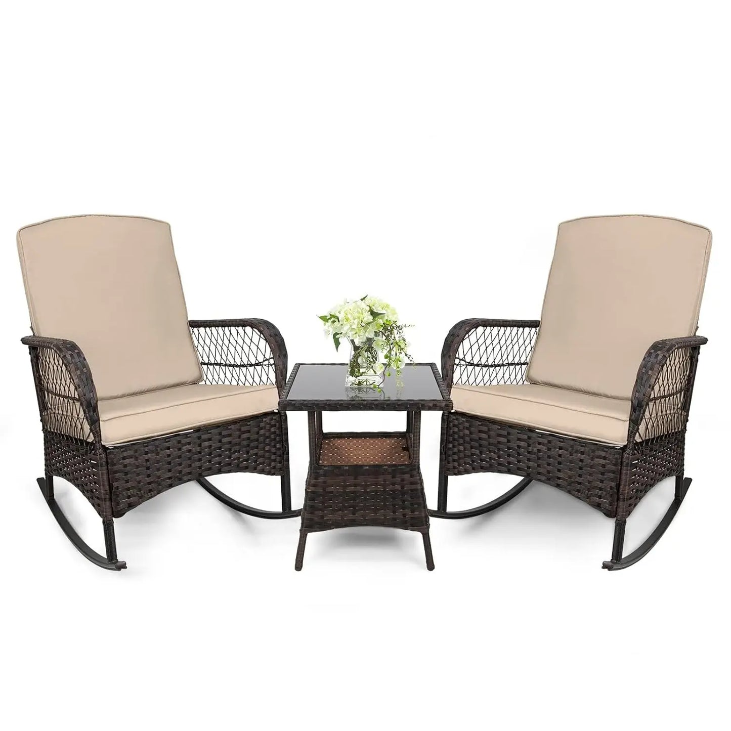Outdoor Rocking Bistro Set With Glass Table PE Wicker 3-Piece