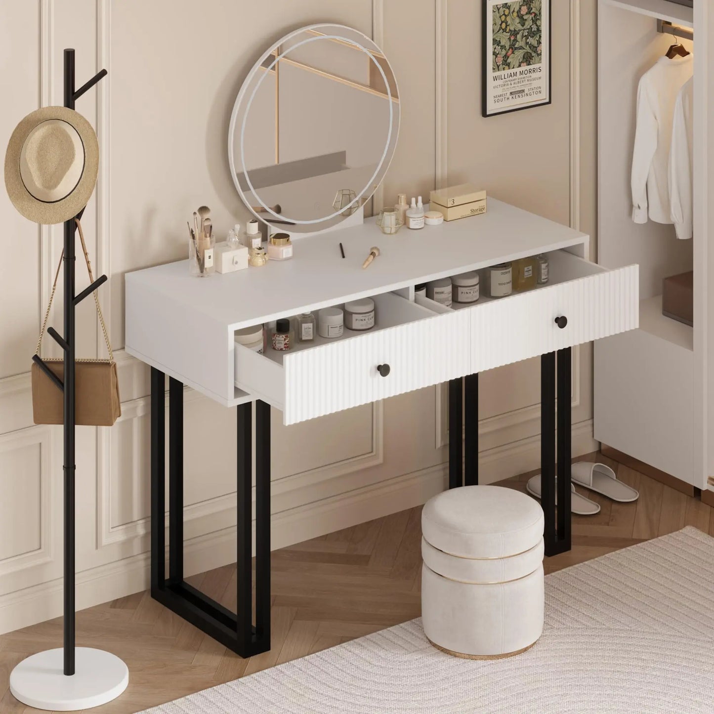 HiMISS Vanity Desk With LED Mirror And Lights 2 Drawers