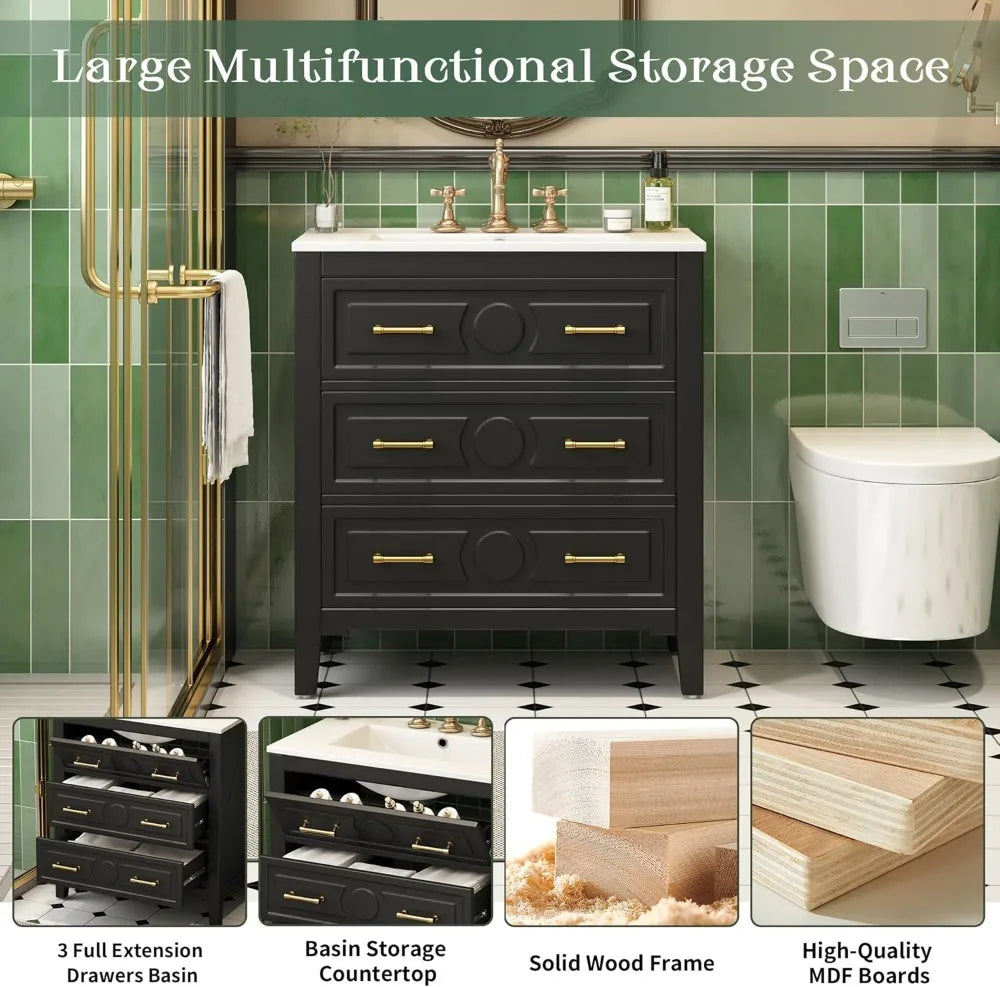 Oak Solid Wood Bathroom Vanity With Ceramic Sink And 3 Drawer Cabinet Gold Pulls