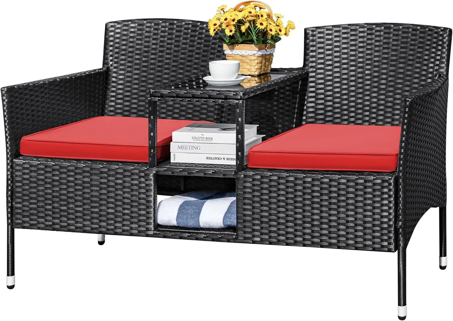 Folded Outdoor Patio Loveseat Modern Rattan 2 Seat Table Set