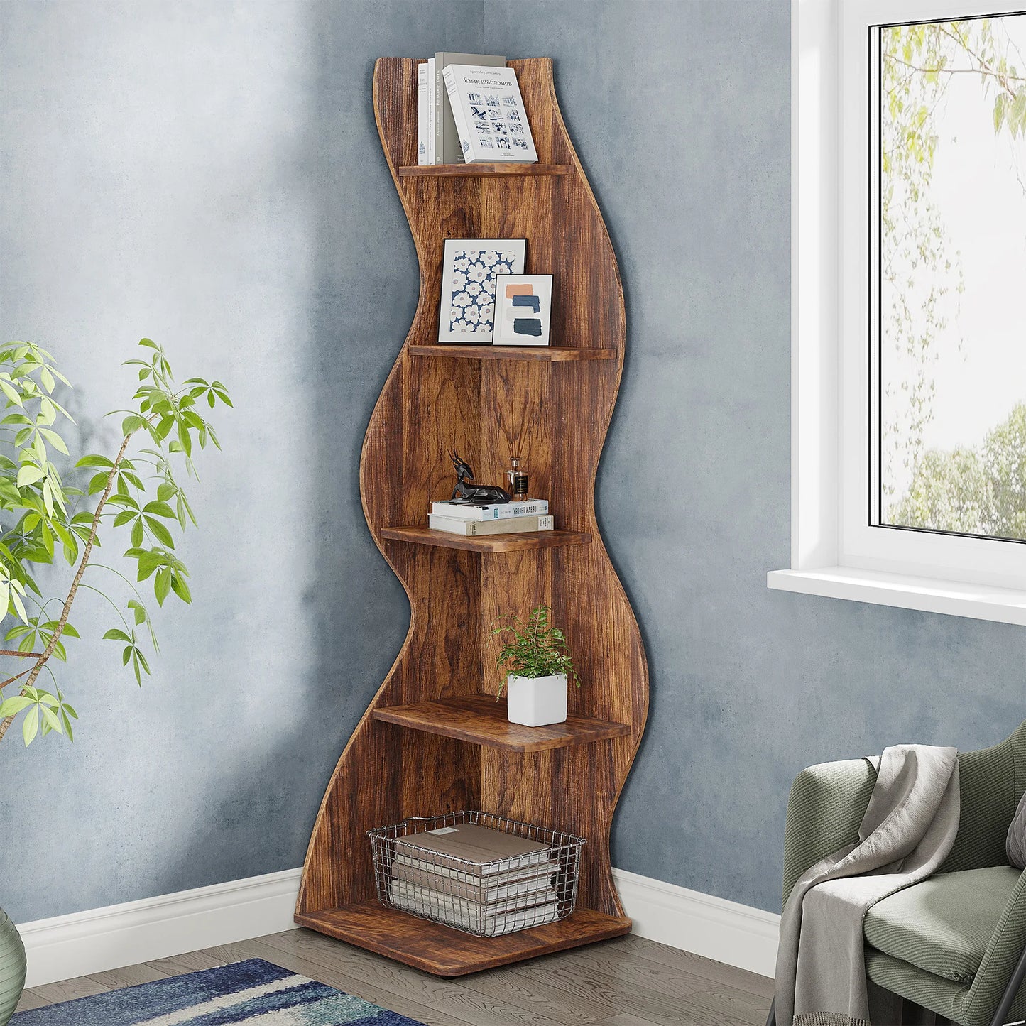 Tribesigns Rustic Five Tier Corner Bookshelf Wall Shelf Living Room