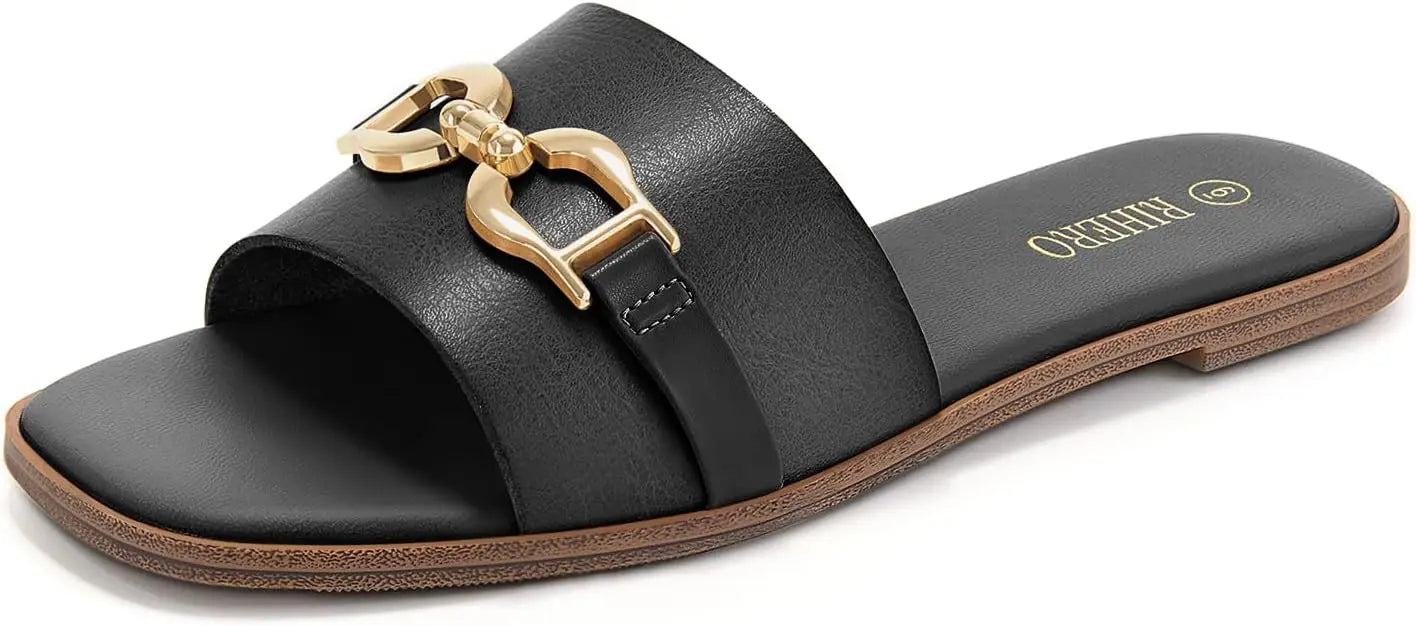 Womens Flat Sandals Memory Foam Cushioned Leather Slides