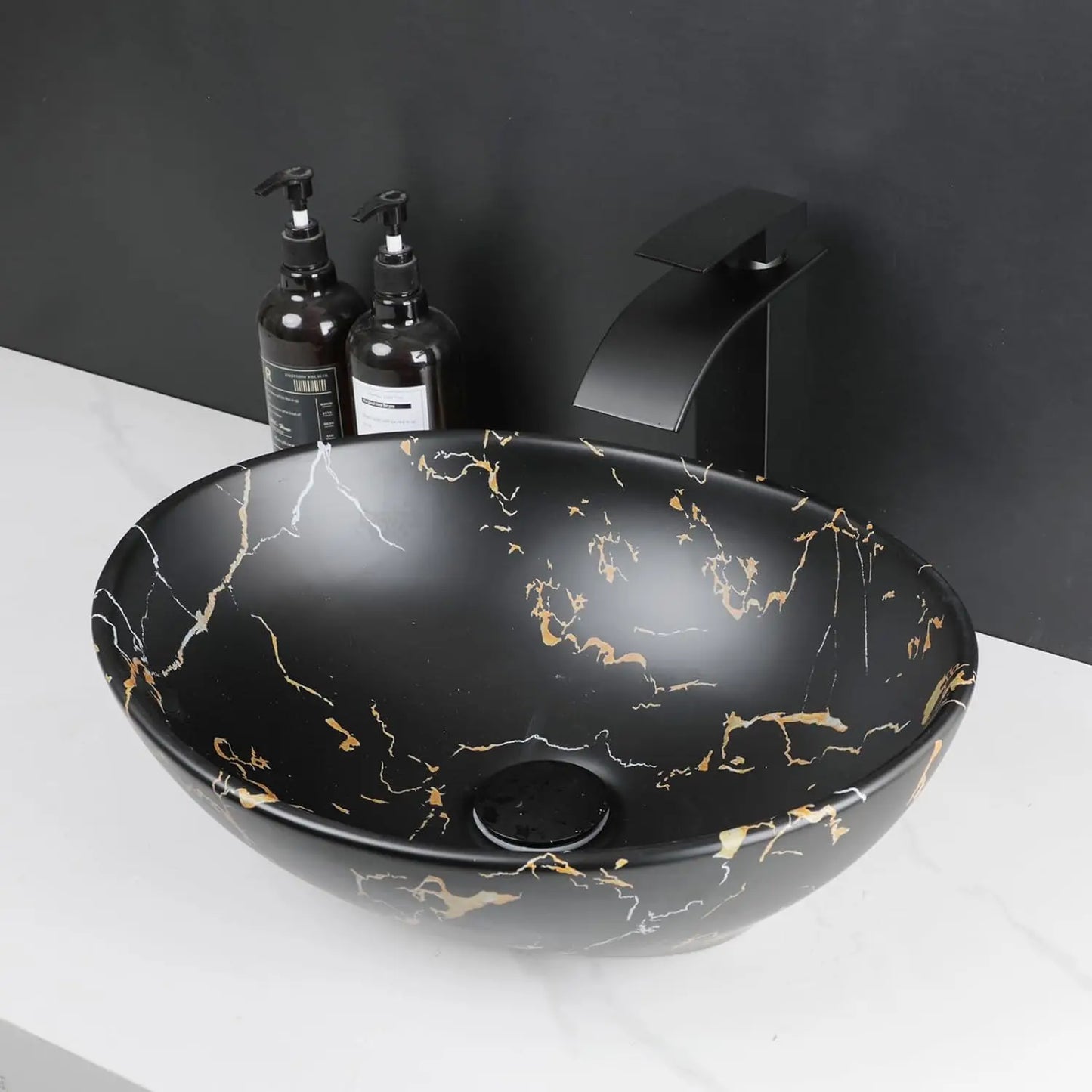 MEKKHALA Oval Vessel Sink With Faucet Marble Ceramic
