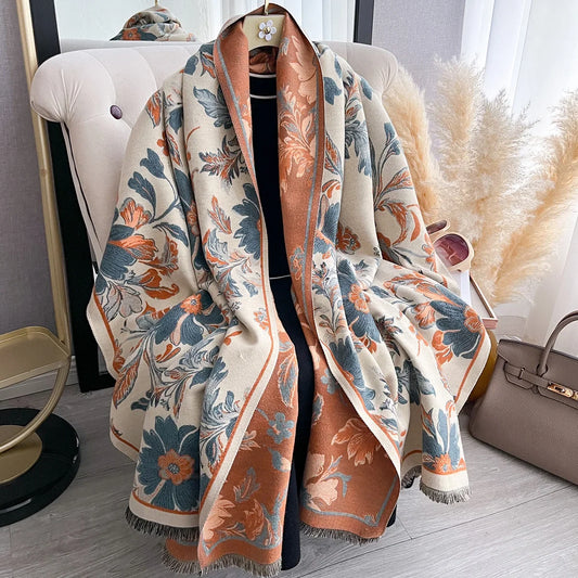 Floral Print Winter Scarf For Women Warm Polyester Shawl Wrap