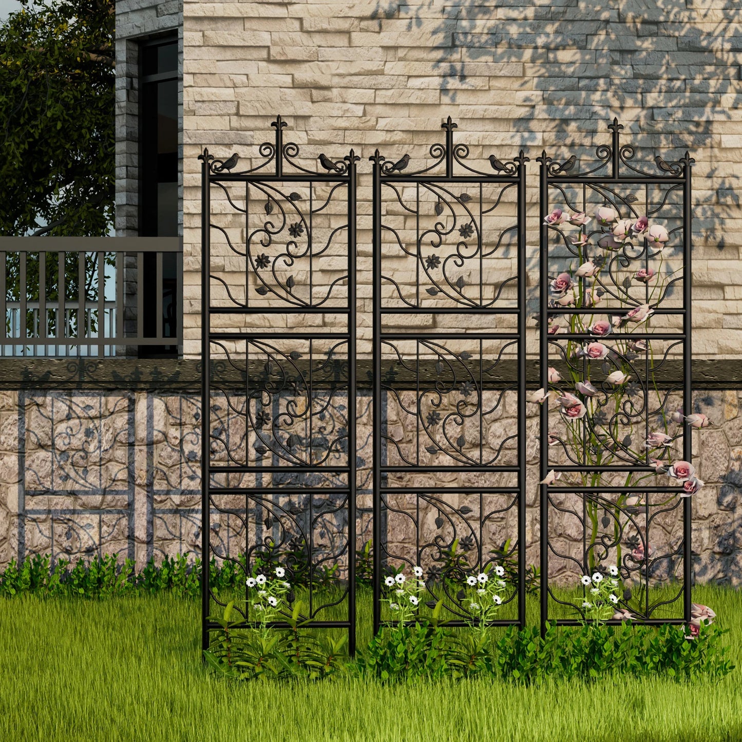 2 Pack Thick Metal Garden Trellis Bird Leaf Fence Panel