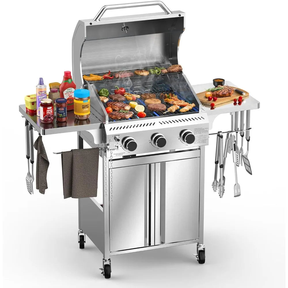 Stainless Steel 3-Burner Propane Grill With Folding Tables