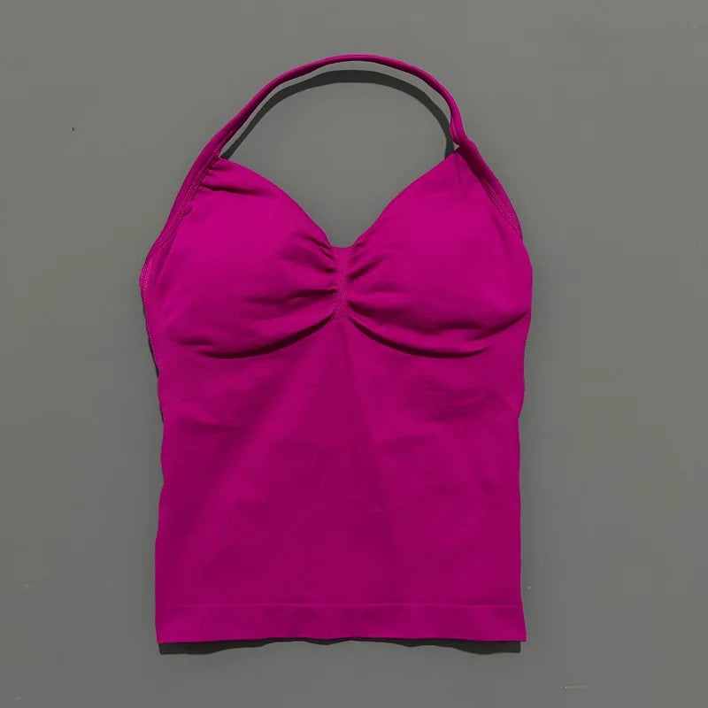 Women Gym Halter Top Longline Strappy Yoga Tank Removable Cups