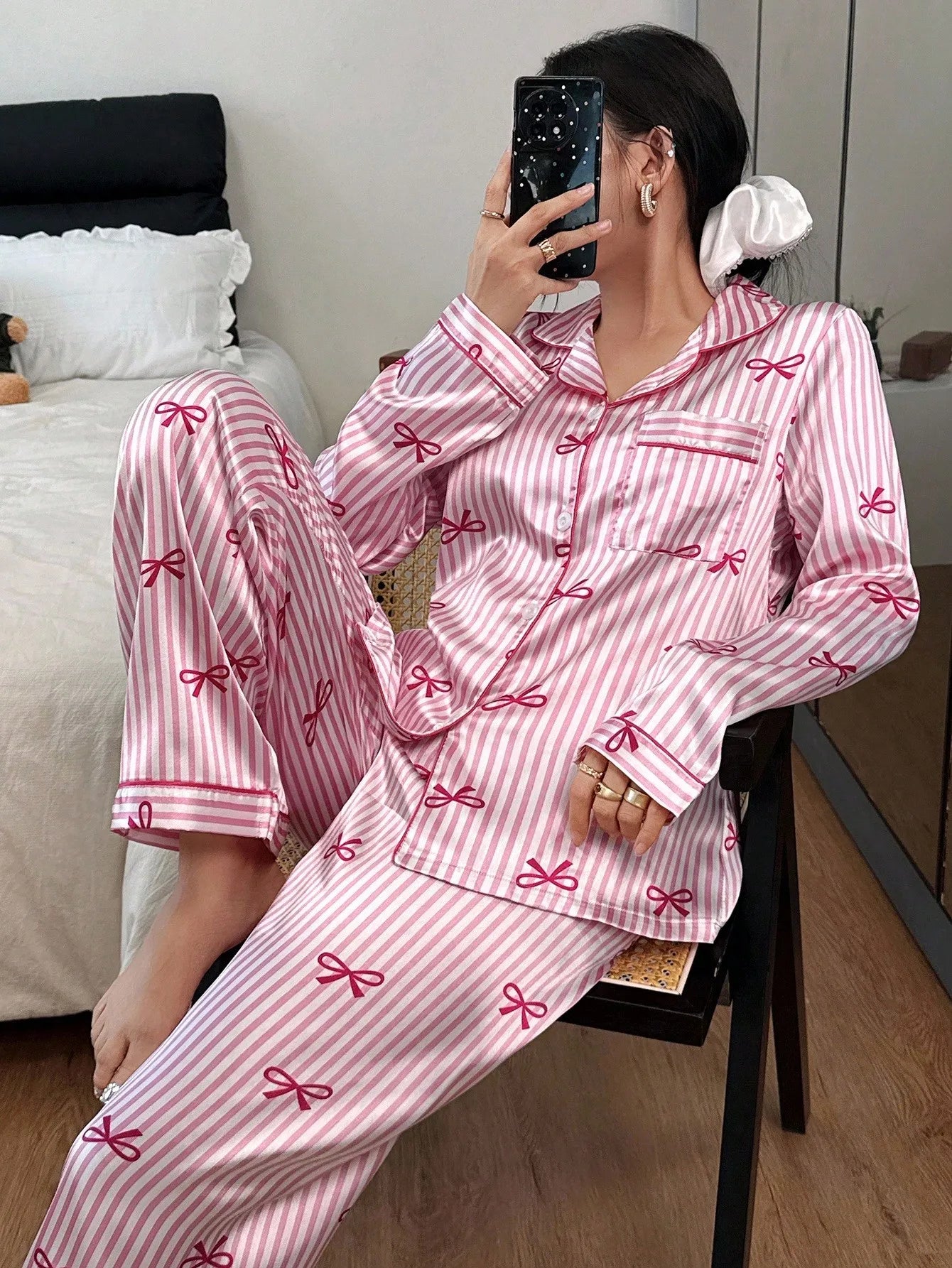 Women's Striped Satin Pajama Set With Bow Print Long Sleeve Top And Pants